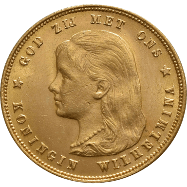 Gouden tientje Wilhelmina hangend haar