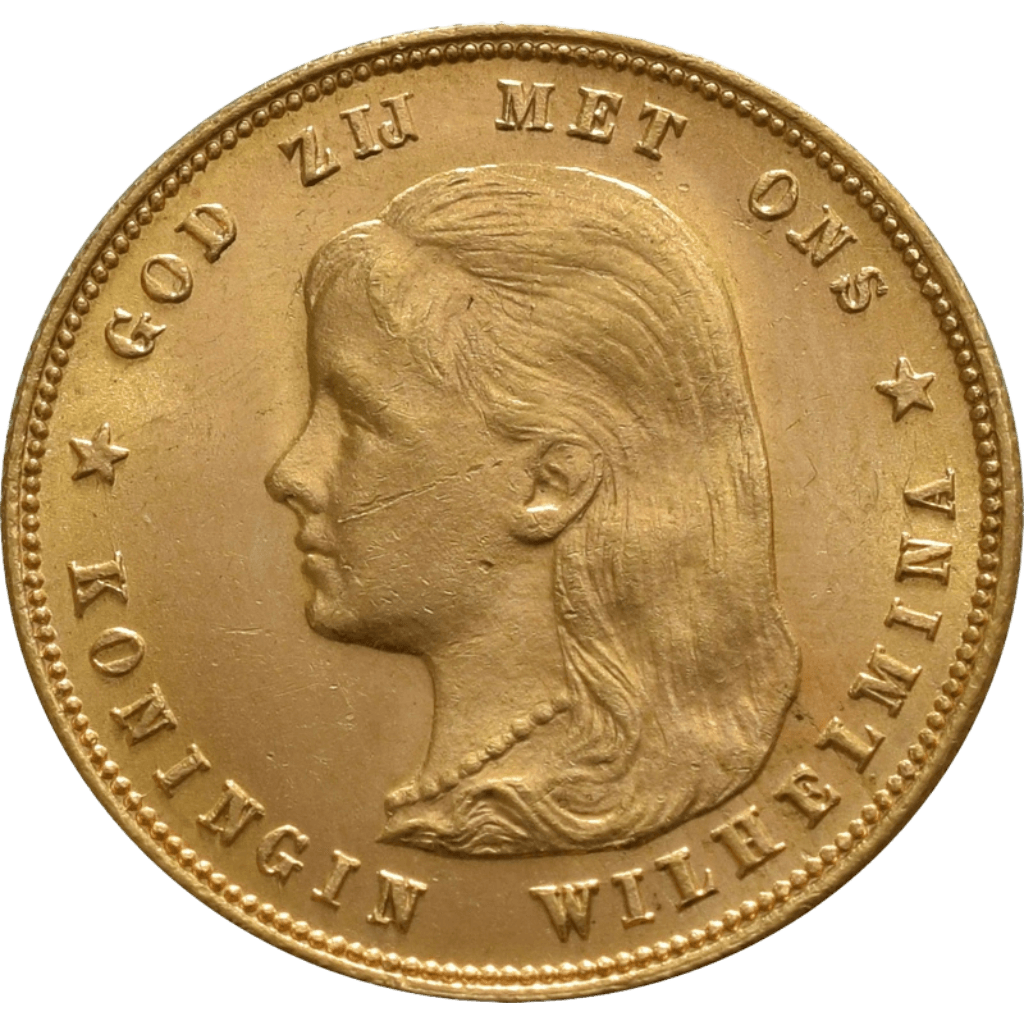 Gouden tientje Wilhelmina hangend haar